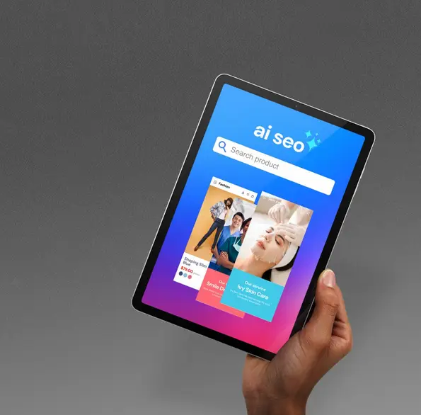 Image of hand holding a tablet with an AI helping optimizing a website